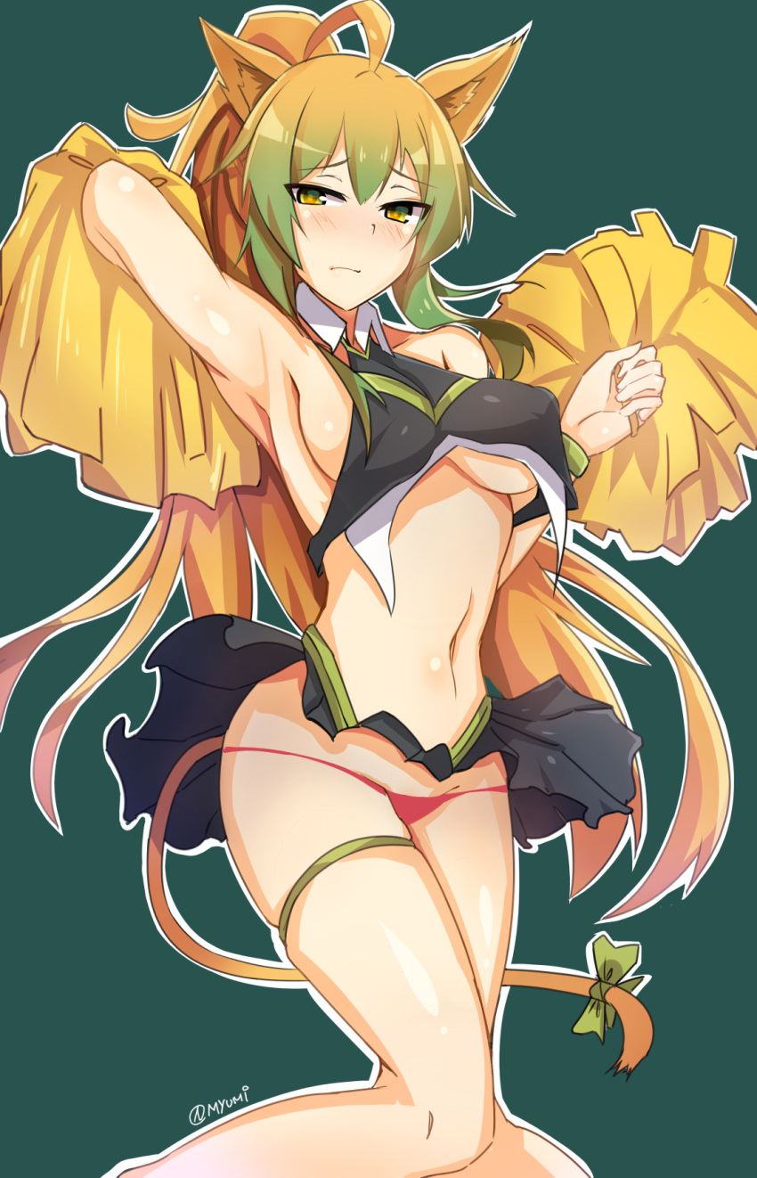 1girl ahoge animal_ears archer_of_red armpits black_skirt blonde_hair blush breasts cat_ears cat_tail cheerleader collar eyebrows_visible_through_hair fate/apocrypha fate/grand_order fate_(series) green_eyes green_hair hair_between_eyes highres large_breasts long_hair multicolored_hair myumi navel panties pom_poms red_panties ribbon signature simple_background skirt solo tail tail_ribbon tassel thighs under_boob underwear very_long_hair
