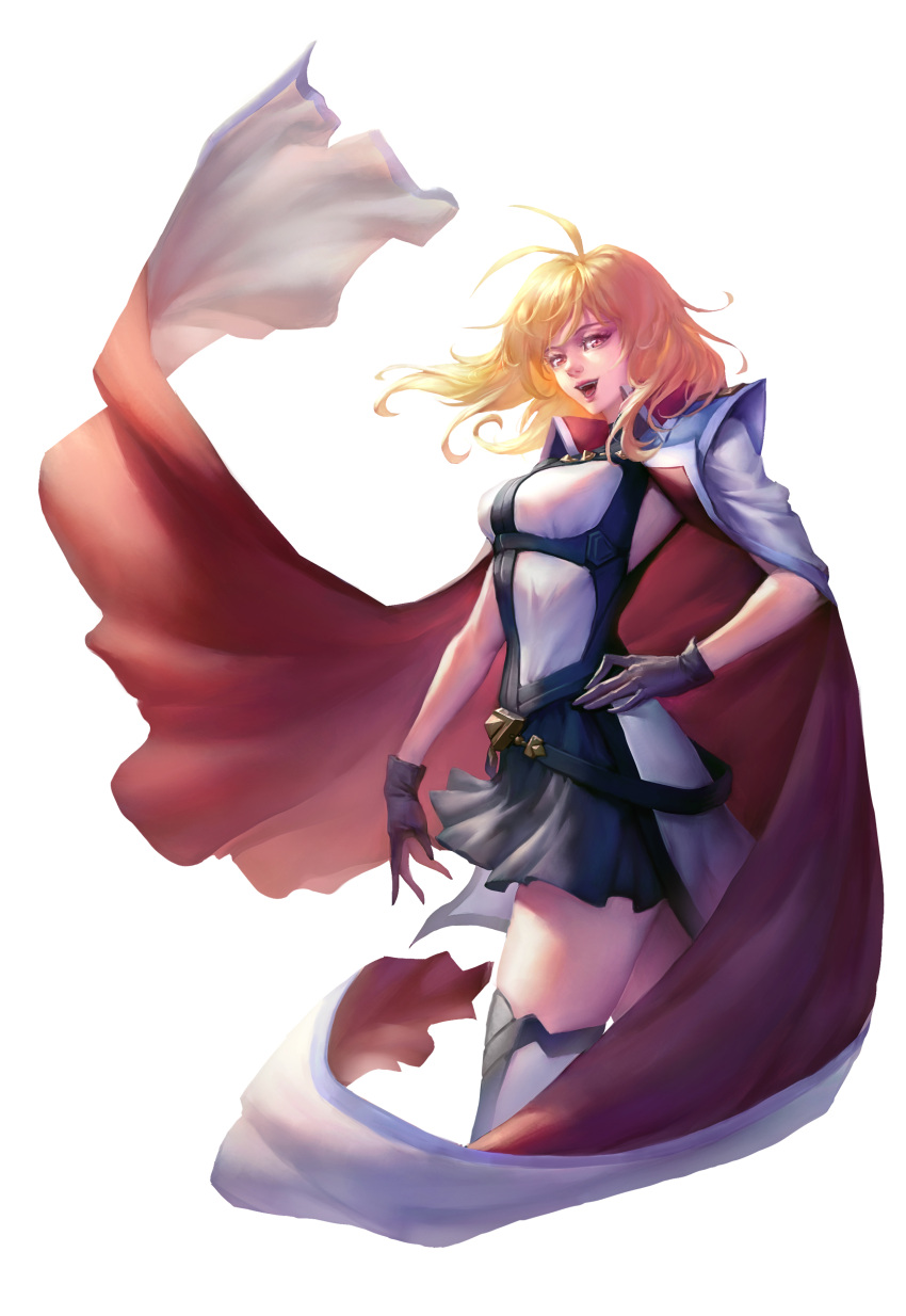 1girl absurdres angelise_ikaruga_misurugi antenna_hair belt blonde_hair breasts cape cross_ange gloves highres lips looking_at_viewer medium_breasts open_mouth pleated_skirt red_cape red_eyes revision short_hair simple_background skirt solo standing teeth thigh-highs tongue white_background white_legwear zhen_long