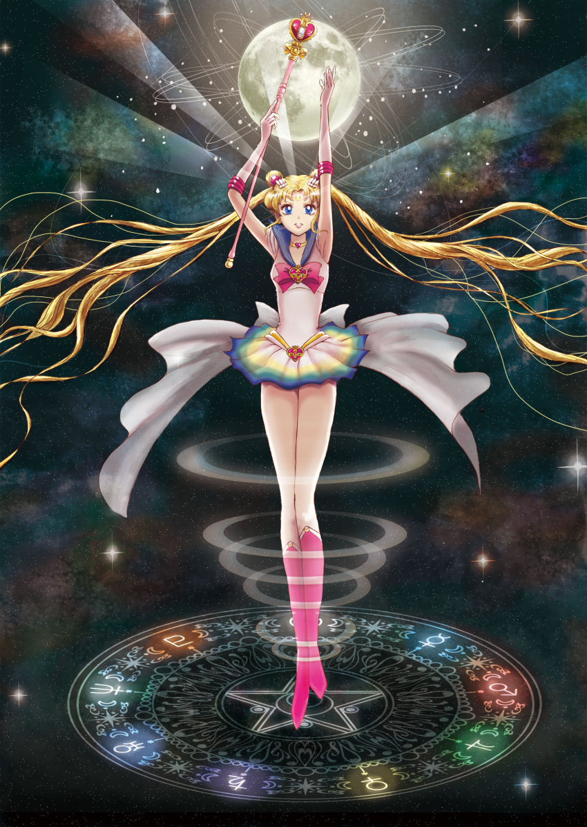 1girl armpits arms_up bishoujo_senshi_sailor_moon blonde_hair blue_eyes boots bow bowtie elbow_gloves floating_hair full_body full_moon gloves highres holding holding_staff knee_boots long_hair magic_circle magical_girl microskirt mofuri_(pixiv11461263) moon pink_boots pleated_skirt red_bow red_bowtie sailor_moon shirt skirt sleeveless sleeveless_shirt solo staff standing super_sailor_moon twintails very_long_hair white_gloves white_shirt