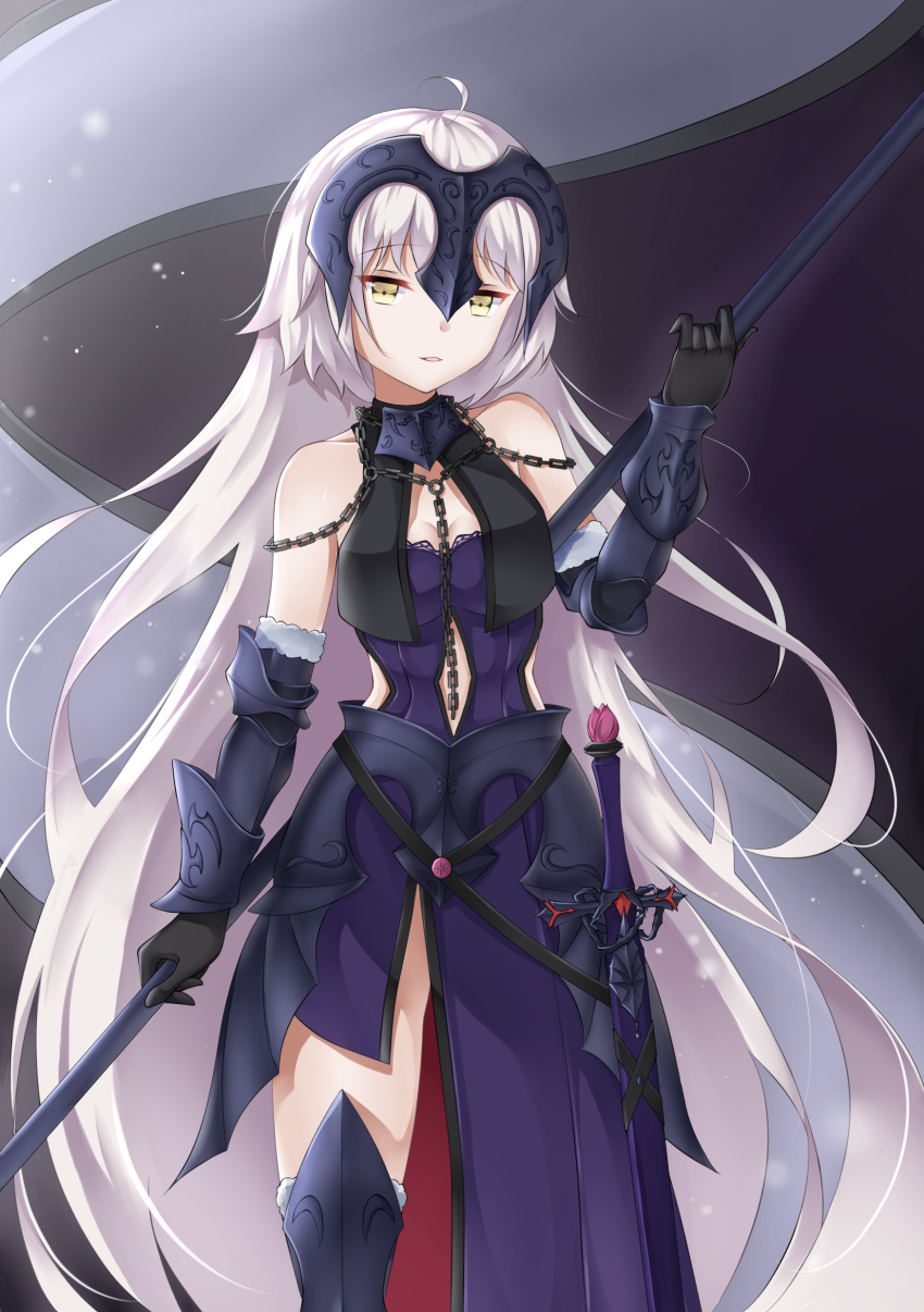 absurdres ahoge bare_shoulders breasts chains cleavage fate/grand_order fate_(series) headpiece highres jeanne_alter long_hair medium_breasts misaki159123 navel_cutout ruler_(fate/apocrypha) side_cutout standard_bearer sword thighs weapon white_hair yellow_eyes