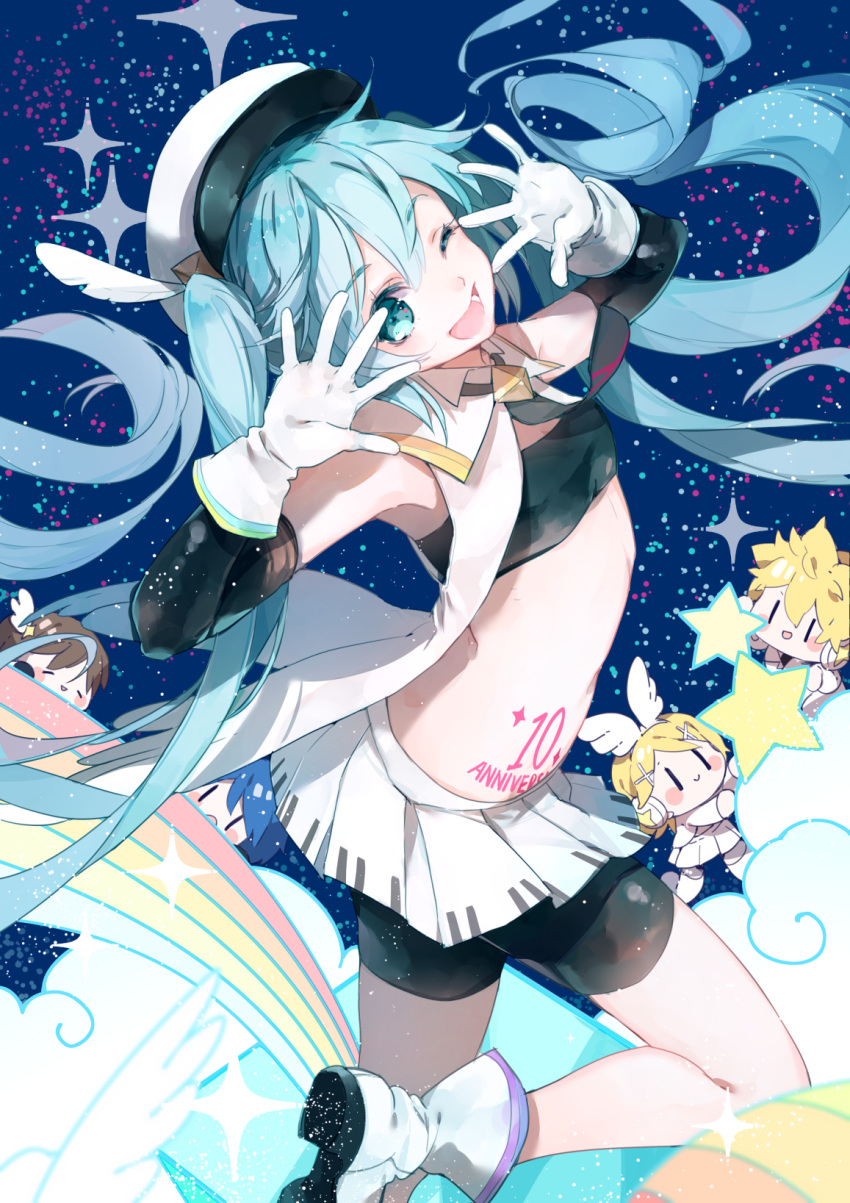 2boys 3girls :d anniversary aqua_eyes aqua_hair bandeau bangs bike_shorts black_gloves boots brother_and_sister cabbie_hat elbow_gloves eyebrows_visible_through_hair floating_hair from_side gloves hair_between_eyes hat hatsune_miku highres kagamine_len kagamine_rin kaito long_hair looking_at_viewer meiko miniskirt multiple_boys multiple_girls open_clothes open_mouth open_shirt pleated_skirt shirt shorts_under_skirt shuzi siblings skirt sky sleeveless sleeveless_shirt smile solo_focus sparkle star star_(sky) starry_sky very_long_hair vocaloid white_boots white_gloves white_hat white_skirt