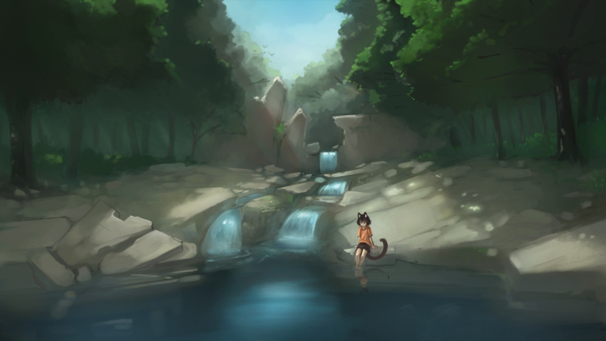 1girl animal_ears arm_support bare_legs black_hair black_skirt blue_sky cat_ears cat_girl cat_tail facing_viewer forest highres lake nature orange_shirt original outdoors paintrfiend reflection river rock shirt short_hair short_sleeves sitting skirt sky soaking_feet solo tail tree water water_surface waterfall