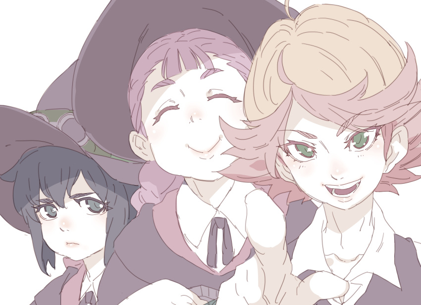 3girls amanda_o'neill black_eyes black_hair closed_eyes closed_mouth commentary_request constanze_amalie_von_braunschbank-albrechtsberger green_eyes hat highres jasminka_antonenko little_witch_academia looking_at_viewer multicolored_hair multiple_girls open_mouth orange_hair pale_color pointing pointing_at_viewer purple_hair redhead short_hair simple_background smile tasaka_shinnosuke two-tone_hair white_background witch_hat