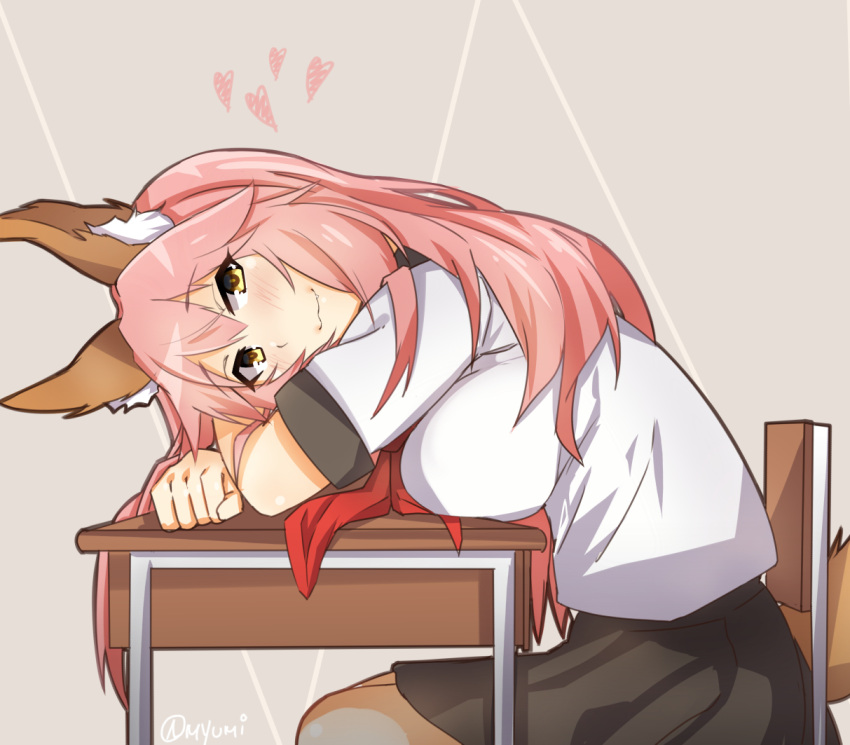 1girl animal_ears blush breasts desk fang fate/extra fate/grand_order fate_(series) fox_ears fox_tail looking_at_viewer myumi pink_hair school_desk school_uniform simple_background solo tagme tail tamamo_(fate)_(all) tamamo_no_mae_(fate) yellow_eyes