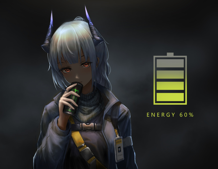 1girl absurdres arknights badge black_background blue_hair closed_mouth commentary_request english head_tilt highres holding horns liskarm_(arknights) long_sleeves looking_at_viewer monster_energy red_eyes solo upper_body yurichtofen