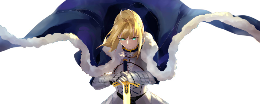 1girl absurdres ahoge artoria_pendragon_(all) blonde_hair breastplate cape excalibur fate_(series) fur-trimmed_cape fur_trim highres latemon1 planted_weapon saber solo sword weapon white_background