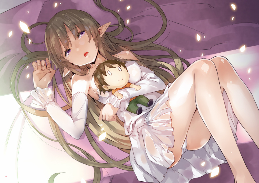 1girl bare_legs bare_shoulders barefoot brown_hair character_doll detached_sleeves dress hair_down highres kanou_shin'ichi light_particles long_hair looking_at_viewer lying myucel_foalan object_hug on_back open_mouth outbreak_company panties pointy_ears short_dress solo strapless strapless_dress underwear very_long_hair violet_eyes white_dress white_panties yuugen