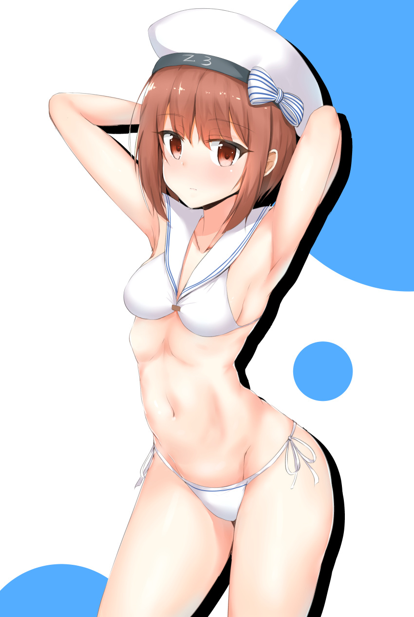 10s 1girl absurdres auburn_hair bikini brown_eyes brown_hair clothes_writing contrapposto cowboy_shot hat highres kantai_collection kirikan sailor_bikini sailor_collar sailor_hat short_hair side-tie_bikini solo standing swimsuit white_bikini white_hat white_sailor_collar z3_max_schultz_(kantai_collection)