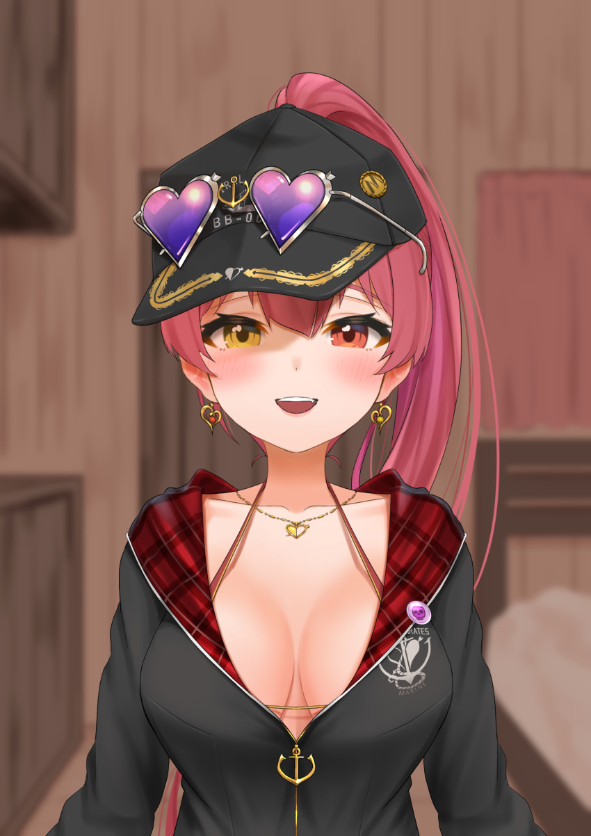 1girl :d bangs black_headwear black_jacket blurry blurry_background blush bra_strap breasts commentary_request depth_of_field earrings eyebrows_visible_through_hair eyewear_on_headwear hair_between_eyes hat heart heart-shaped_eyewear heart_earrings heart_necklace heterochromia high_ponytail highres hololive houshou_marine indoors jacket jewelry large_breasts long_hair looking_at_viewer necklace official_alternate_costume ootsuka_you open_mouth partially_unzipped pirate_hat ponytail red_eyes redhead smile solo sunglasses upper_body virtual_youtuber yellow_eyes