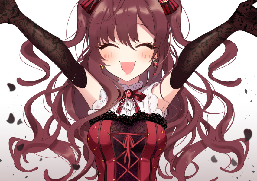 1girl arms_up bare_shoulders blush bow brown_hair closed_eyes commentary_request corset cross-laced_clothes dress earrings elbow_gloves eyelashes frilled_dress frills gloves hair_bow ichinose_shiki idolmaster idolmaster_cinderella_girls idolmaster_cinderella_girls_starlight_stage jewelry lace lace-trimmed_dress long_hair manio neck_ribbon open_mouth pendant petals red_dress ribbon simple_background smile solo twintails wavy_hair white_background