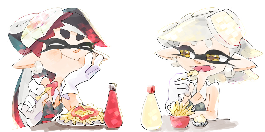 +_+ 2girls aori_(splatoon) black_hair brown_eyes chin_rest closed_mouth commentary_request cousins detached_collar domino_mask earrings eating elbow_rest fangs food food_on_head french_fries gloves grey_hair hand_on_own_cheek highres hotaru_(splatoon) jewelry ketchup ketchup_bottle long_hair looking_at_another mask mayonnaise mole mole_under_eye multiple_girls object_on_head open_mouth plate short_hair simple_background sitting smile splatoon strapless table tentacle_hair ukata white_background white_gloves
