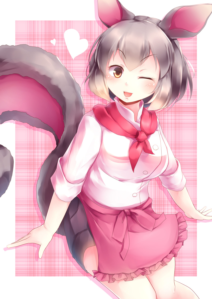 1girl absurdres animal_ears apron blush common_brushtail_possum_(kemono_friends) grey_hair heart highres kanzakietc kemono_friends multicolored_hair one_eye_closed open_mouth orange_eyes simple_background solo tail two-tone_hair upper_body white_background white_hair
