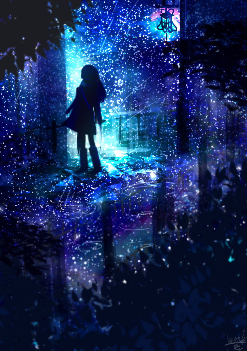 1girl amatsuki_rei bag blurry boots commentary_request dress highres light_particles long_hair night night_sky original outdoors plant puddle reflection scarf scenery shoulder_bag silhouette sky solo standing star_(sky) starry_sky