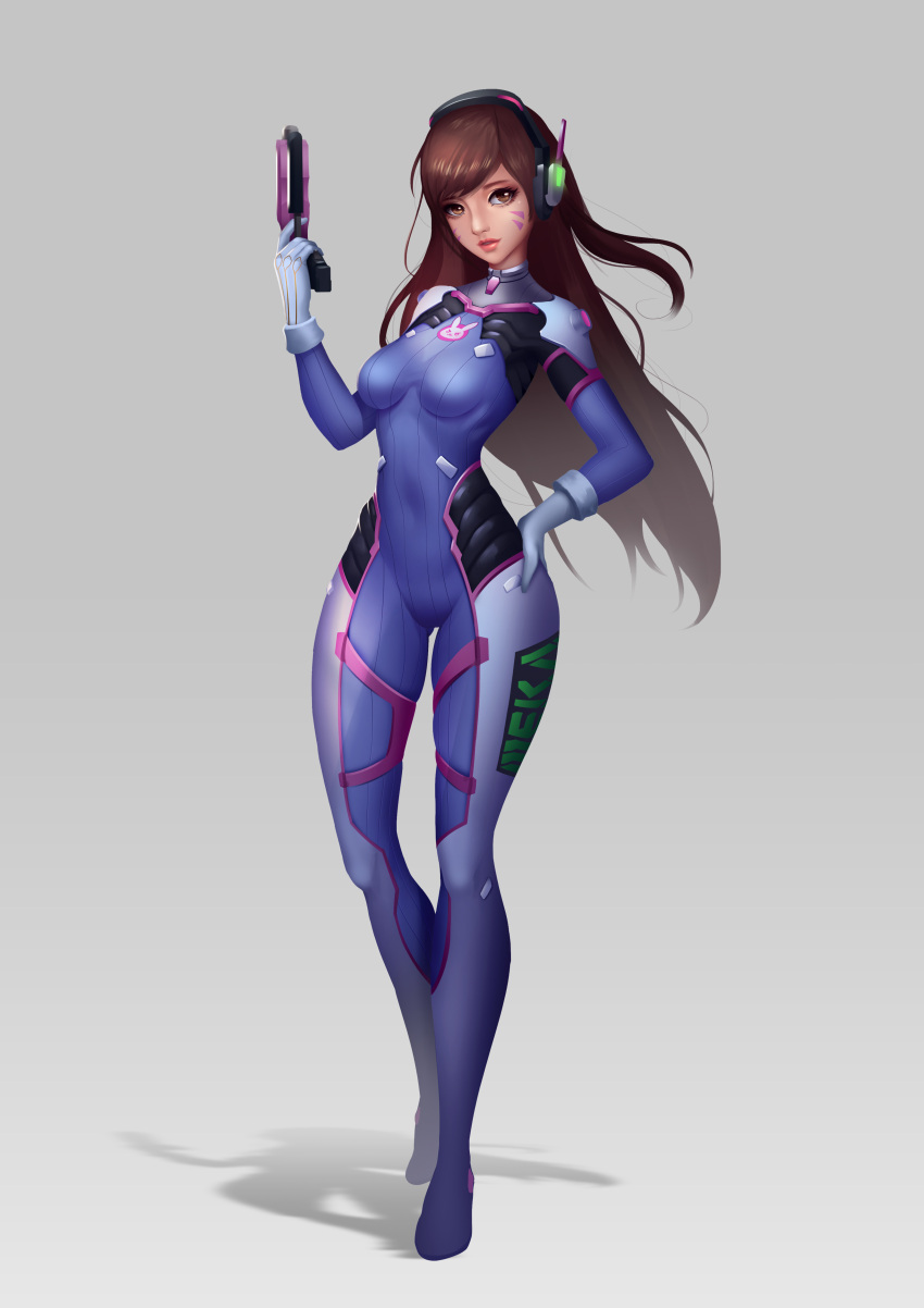 1girl absurdres animal_print bangs blue_bodysuit bodysuit breasts brown_eyes brown_hair bunny_print clothes_writing d.va_(overwatch) eyelashes facepaint full_body gloves grey_background gun hand_on_hip head_tilt headgear highres holding holding_gun holding_weapon lips long_hair looking_at_viewer medium_breasts overwatch parted_lips simple_background solo standing swept_bangs very_long_hair vinh_lam weapon whisker_markings white_gloves