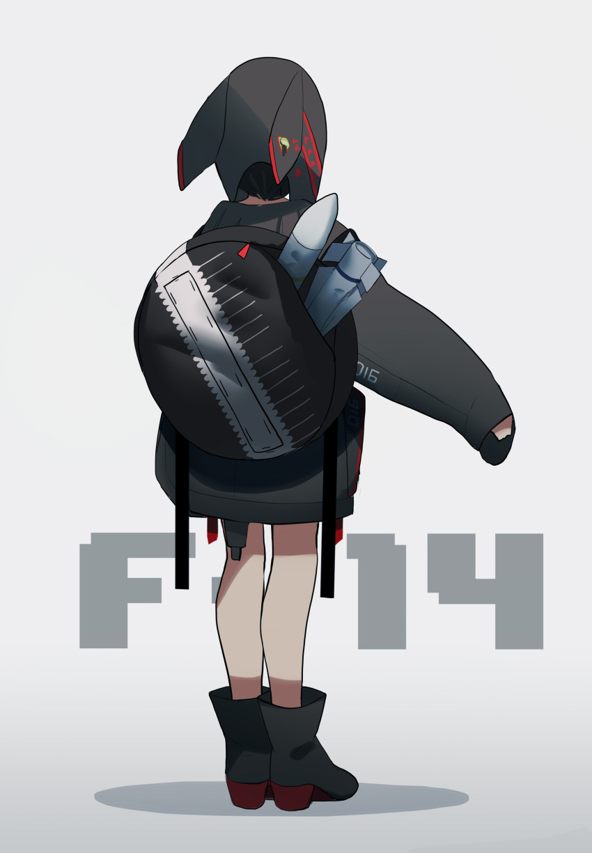 1girl absurdres aviator_cap backpack bag bare_legs black_footwear black_hair boots clothes design fami_(yellow_skies) from_behind highres hood hoodie original short_hair sleeves_past_wrists solo