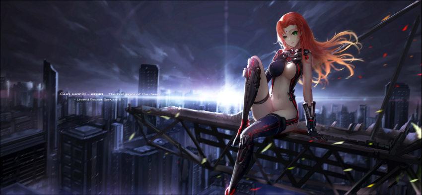 1girl asymmetrical_clothes breasts cityscape cleavage elbow_gloves english facial_mark forehead_mark gloves green_eyes highres long_hair looking_at_viewer medium_breasts navel original redhead revealing_clothes single_elbow_glove single_thighhigh sitting solo thigh-highs wangchuan_de_quanyan wind