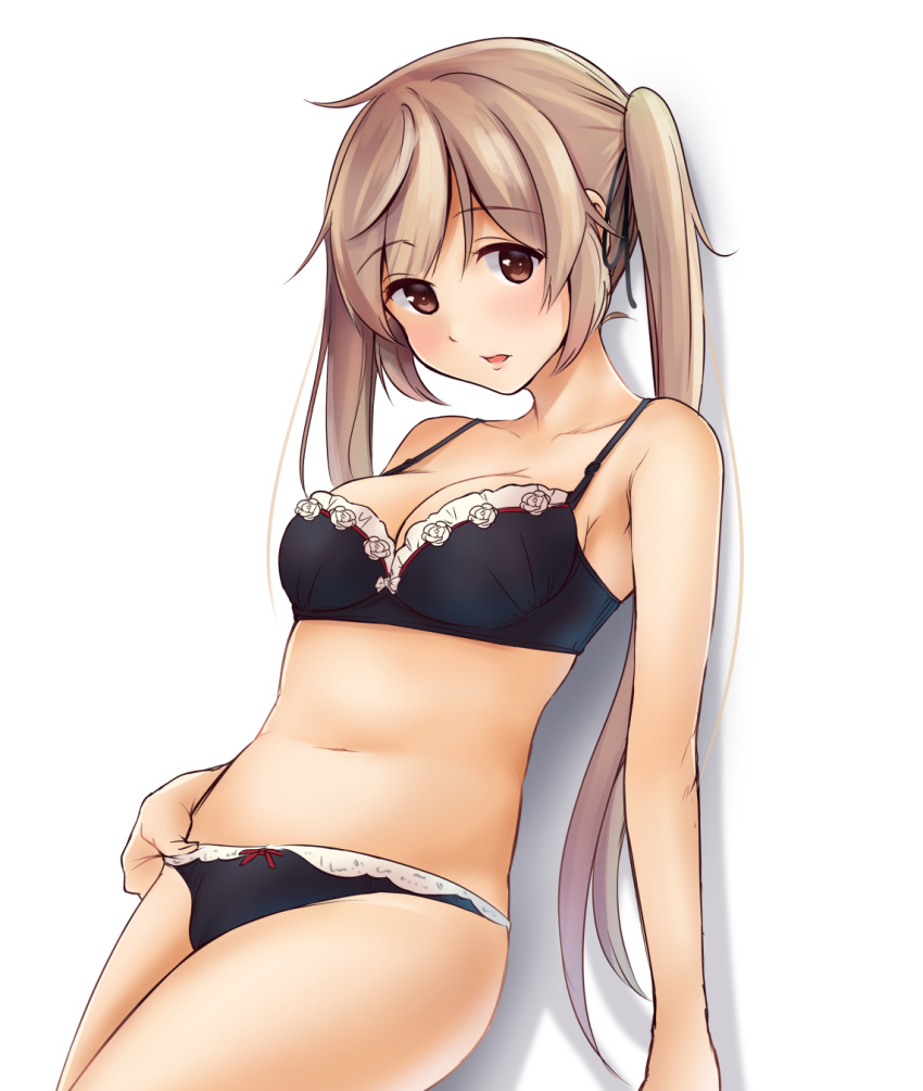 10s 1girl adapted_costume bikini black_bikini blonde_hair blush breasts brown_eyes cleavage collarbone eyebrows_visible_through_hair haregama_shiina highres kantai_collection long_hair looking_at_viewer medium_breasts murasame_(kantai_collection) navel open_mouth shadow simple_background solo standing swimsuit twintails upper_body white_background