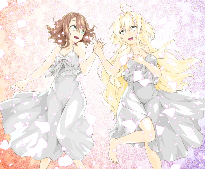 2girls :d ahoge asymmetrical_bangs bangs barefoot blonde_hair blush breasts brown_hair collarbone commentary_request doi_tamako dress eyebrows_visible_through_hair floral_background flower from_above green_eyes hair_between_eyes hand_holding hand_on_own_chest highres iyojima_anzu long_hair looking_at_another lying medium_breasts multiple_girls nogi_wakaba_wa_yuusha_de_aru on_back open_mouth sakuria short_hair sleeveless sleeveless_dress smile spaghetti_strap very_long_hair white_background white_dress yuusha_de_aru