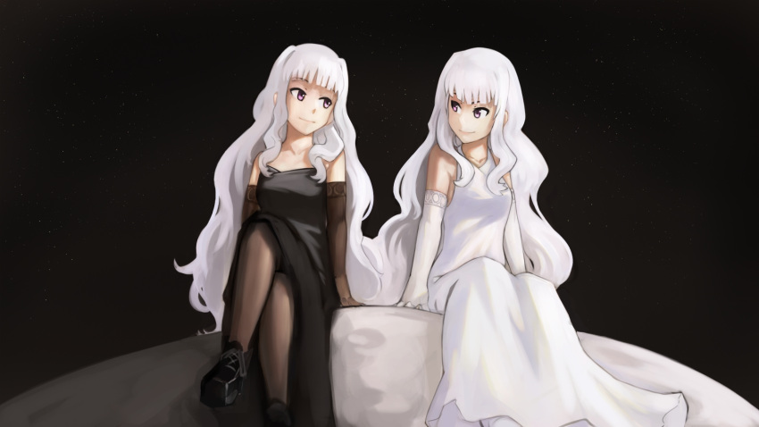 2girls bangs black_background black_dress black_footwear black_gloves black_sky closed_mouth dark_persona dress elbow_gloves giantess gloves highres idolmaster legs_crossed light_persona long_dress long_hair looking_at_another moon multiple_girls paintrfiend shijou_takane shoes sitting sky smile space star_(sky) starry_sky very_long_hair violet_eyes white_dress white_gloves white_hair