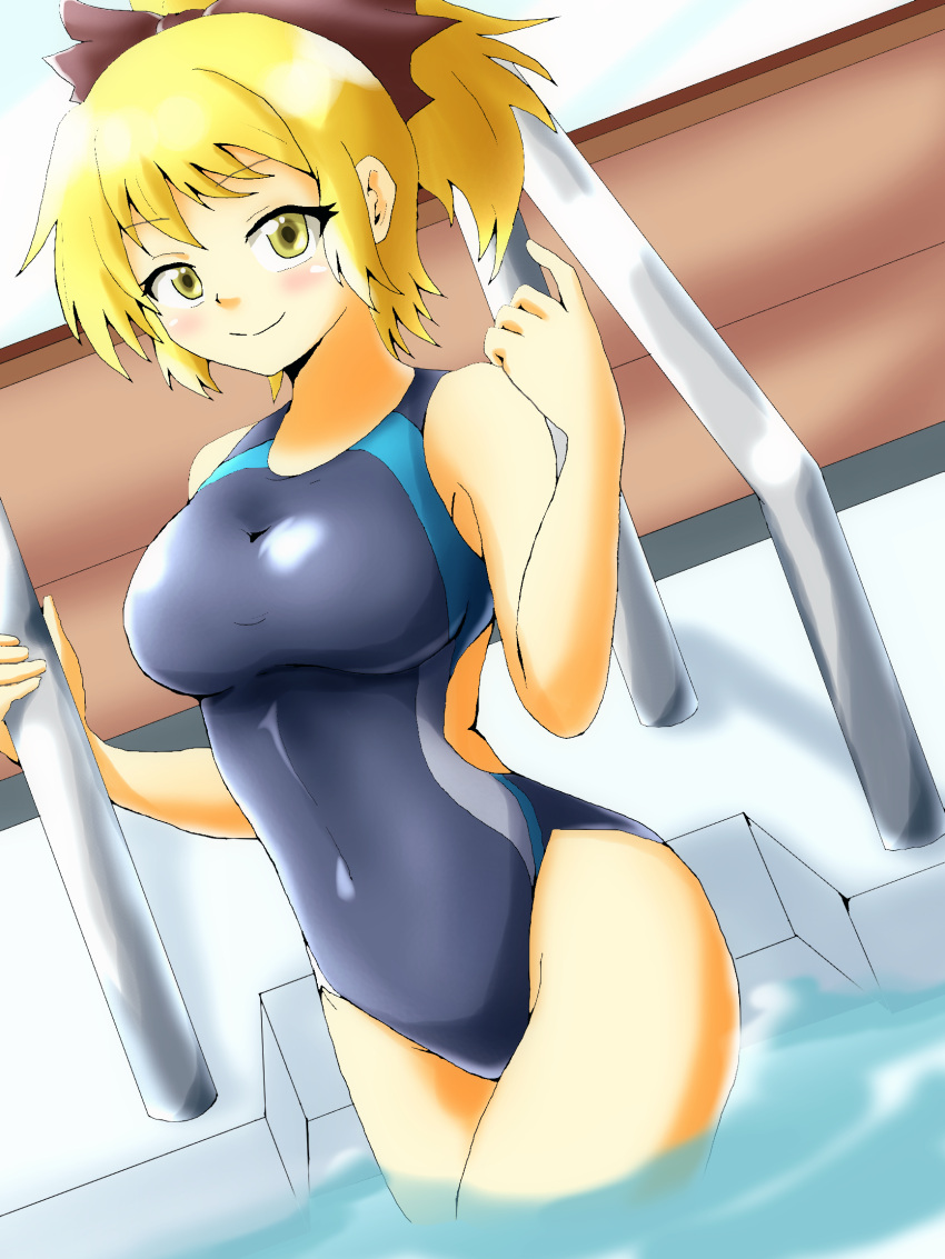 1girl blonde_hair blue_swimsuit bow breasts competition_swimsuit d-m_(dii_emu) hair_bow hair_ribbon highres kurodani_yamame large_breasts long_hair one-piece_swimsuit pool pool_ladder ribbon short_hair smile solo swimsuit touhou