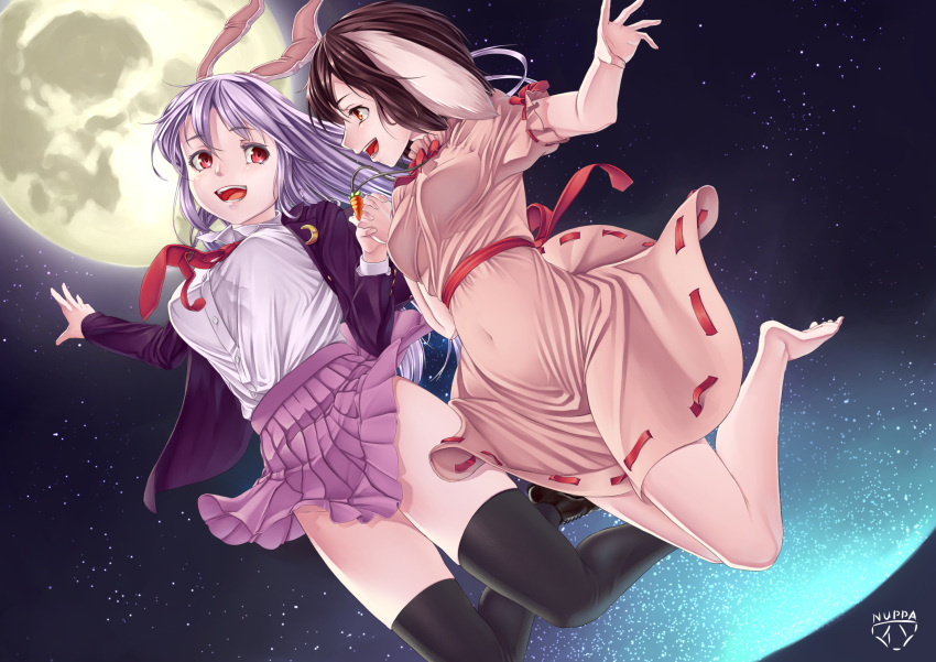 2girls animal_ears artist_name barefoot black_legwear bouncing_breasts breasts brown_hair carrot_necklace crescent crescent_moon_pin dress folded_leg full_moon hand_holding highres inaba_tewi interlocked_fingers jacket jumping lavender_hair loafers long_hair long_sleeves looking_at_another moon multiple_girls necktie night night_sky nuppa open_clothes open_hand open_jacket open_mouth orange_eyes outdoors pink_dress pleated_skirt purple_skirt rabbit_ears red_eyes red_necktie reisen_udongein_inaba ribbon-trimmed_skirt ribbon_trim sash shirt shoes short_hair short_sleeves skirt sky star_(sky) starry_sky suit_jacket thigh-highs touhou white_shirt