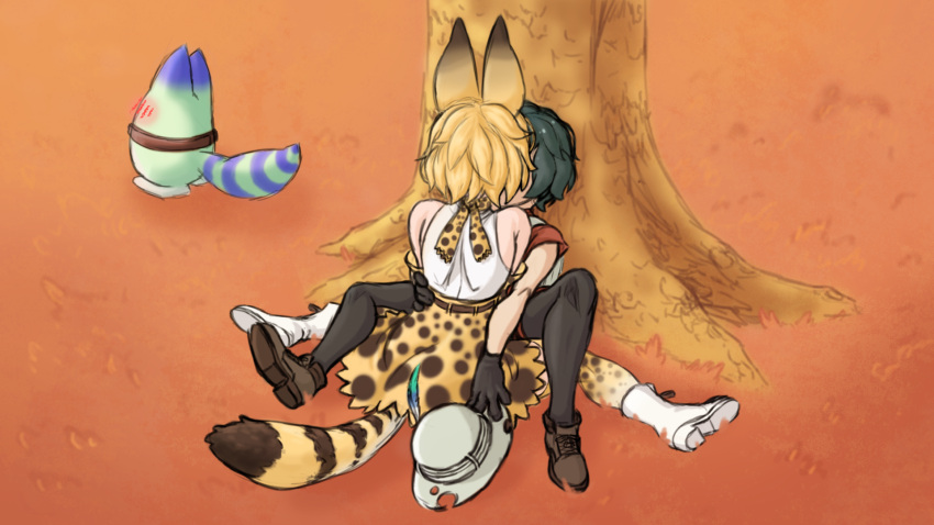 animal_ears artist_request backpack bag black_gloves black_hair blush bucket_hat gloves hat hat_feather highres kaban_(kemono_friends) kemono_friends lucky_beast_(kemono_friends) red_shirt serval_(kemono_friends) serval_ears serval_print serval_tail shirt short_hair sleeveless sleeveless_shirt striped_tail tail tree under_tree yuri
