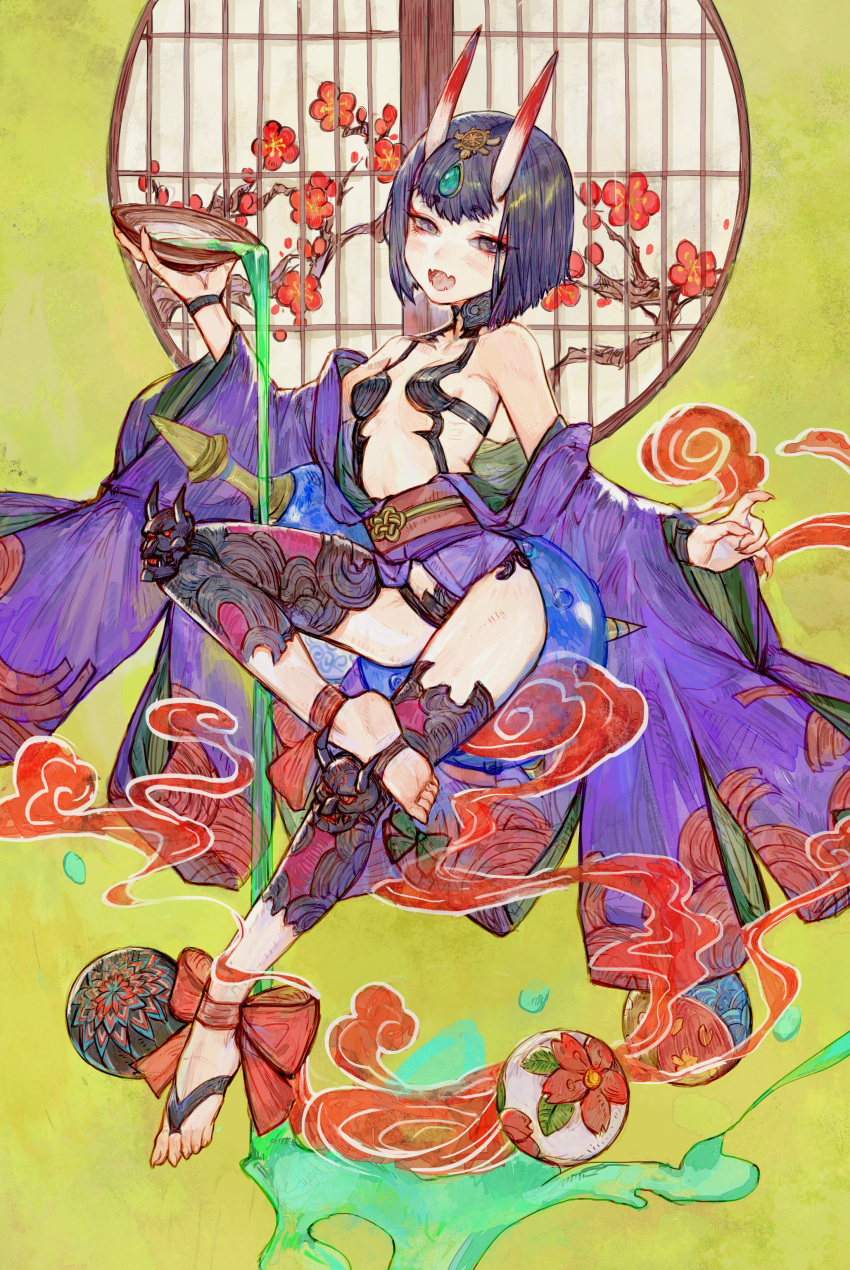1girl :d absurdres alcohol ankle_ribbon ankleband ball bangs bare_shoulders black_leotard blunt_bangs blush bottle branch breasts commentary_request cup diadem eyebrows_visible_through_hair eyeshadow fangs fate/grand_order fate_(series) fingernails flower gem hand_up highres holding holding_plate japanese_clothes kimono knee_pads leotard long_sleeves looking_at_viewer makeup obi oni oni_horns open_mouth plate purple_hair purple_kimono revealing_clothes ribbon rosette_(yankaixuan) sakazuki sake sake_bottle sash sharp_fingernails short_hair shuten_douji_(fate/grand_order) small_breasts smile smoke solo toeless_legwear toes violet_eyes wide_sleeves wristband