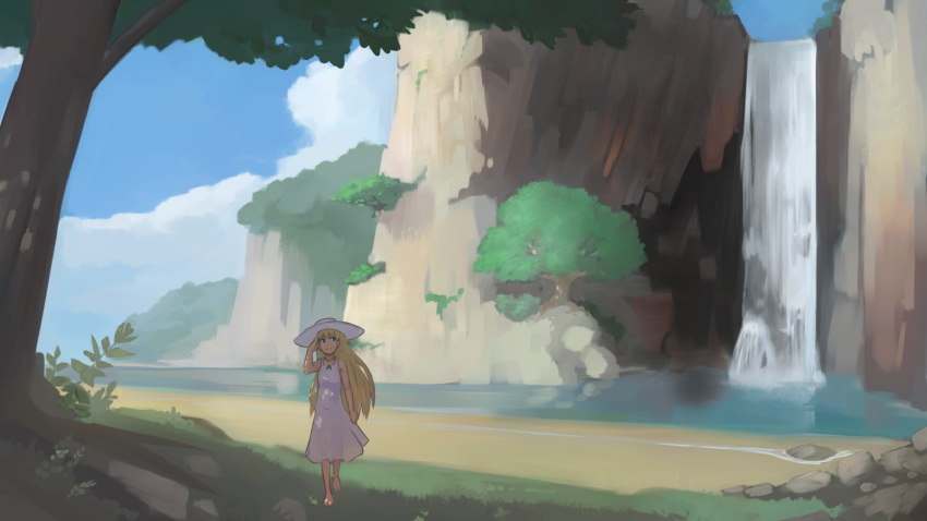 1girl bangs bare_arms bare_shoulders barefoot blonde_hair blue_eyes blue_sky cliff closed_mouth clouds cloudy_sky day dress grass hand_on_own_face hat highres long_hair looking_to_the_side outdoors paintrfiend plant river rock sand scenery sky smile solo standing sun_hat sundress tree tree_shade under_tree water waterfall white_dress white_hat