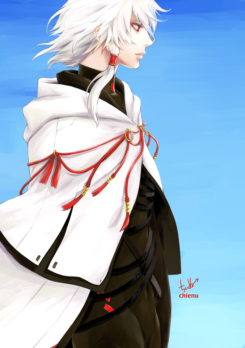 1boy absurdres artist_name blue_background chienu covered_navel dated earrings error hair_tubes highres jewelry looking_to_the_side male_focus profile red_eyes seikaisuru_kado solo standing white_hair white_robe yaha-kui_zashunina