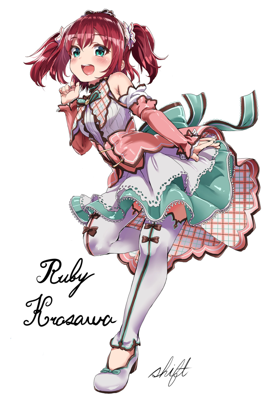 1girl bangs breasts checkered commentary corset dress full_body green_dress green_eyes hair_ribbon highres idol kurosawa_ruby lolita_fashion looking_at_viewer love_live! love_live!_sunshine!! open_mouth pink_dress pose redhead ribbon ribbon-trimmed_legwear ribbon_trim shift_(waage) signature small_breasts smile twintails white_background white_legwear