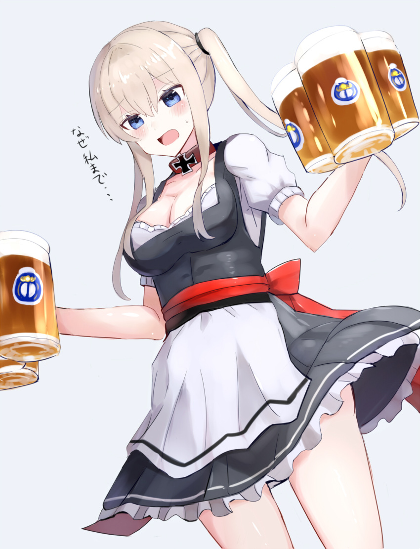 10s 1girl alcohol alternate_costume apron bangs beer beer_mug black_dress blonde_hair blue_background blue_eyes blush bow breasts cleavage collar cowboy_shot dirndl dress dutch_angle eyebrows_visible_through_hair frilled_dress frills german_clothes graf_zeppelin_(kantai_collection) hair_tie highres holding iron_cross kantai_collection long_hair looking_down medium_breasts red_bow sash short_sleeves sidelocks simple_background solo standing sweatdrop translated twintails waist_apron white_apron xenonstriker