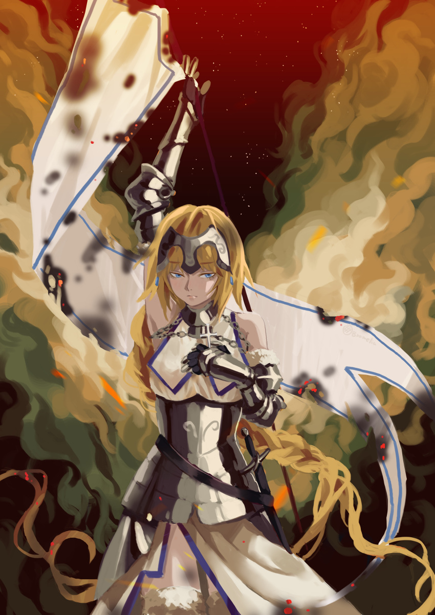 1girl absurdly_long_hair absurdres armor armored_dress artist_request blue_eyes braid chains cross embers fate/apocrypha fate_(series) hand_on_own_chest headpiece highres long_braid long_hair painterly ruler_(fate/apocrypha) single_braid smoke solo standard_bearer very_long_hair