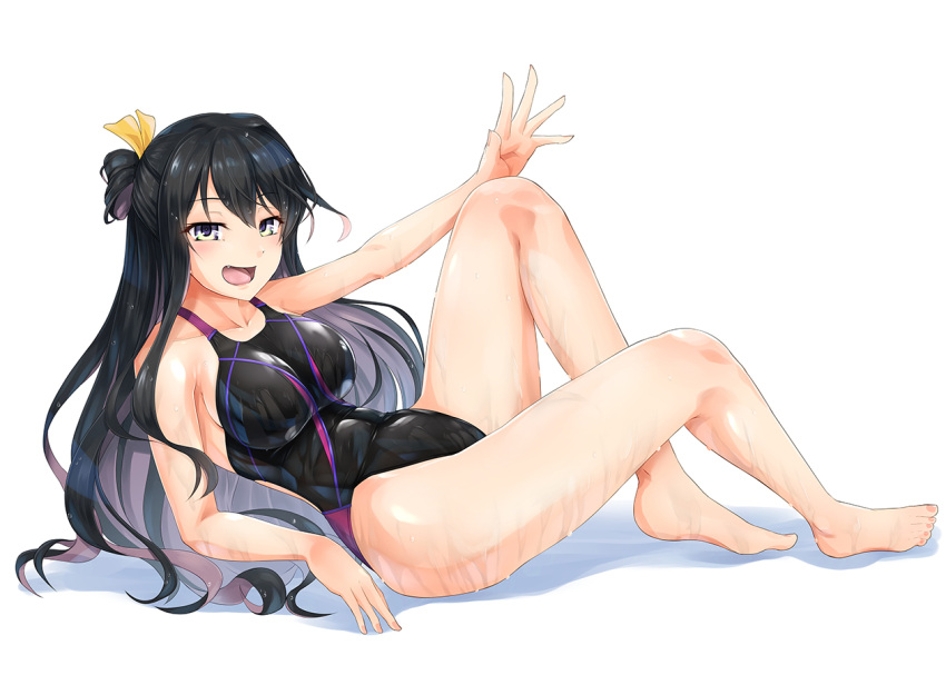 10s 1girl 8000 black_hair blush bow breasts collarbone competition_swimsuit fang full_body hair_between_eyes hair_bow hand_on_own_knee kantai_collection large_breasts long_hair looking_at_viewer lying multicolored_hair naganami_(kantai_collection) one-piece_swimsuit open_mouth purple_hair simple_background solo spread_fingers swimsuit thighs tied_hair white_background yellow_bow yellow_eyes