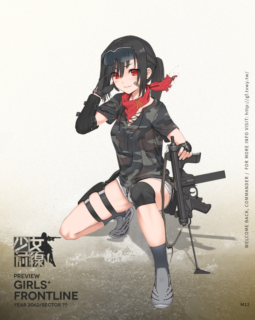 1girl bandaid bandaid_on_cheek bandaid_on_face bandanna bangs black_gloves black_legwear camouflage camouflage_shirt character_name closed_mouth copyright_name elbow_pads eyebrows_visible_through_hair full_body girls_frontline gloves goggles goggles_on_head grey_shoes gun gym_shorts highres holding holding_gun holding_weapon holster knee_pads long_hair looking_at_viewer m12_(girls_frontline) one_knee ponytail shadow shoes short_sleeves shorts sidelocks smile sneakers socks solo squatting submachine_gun thigh_holster thighs watermark weapon web_address