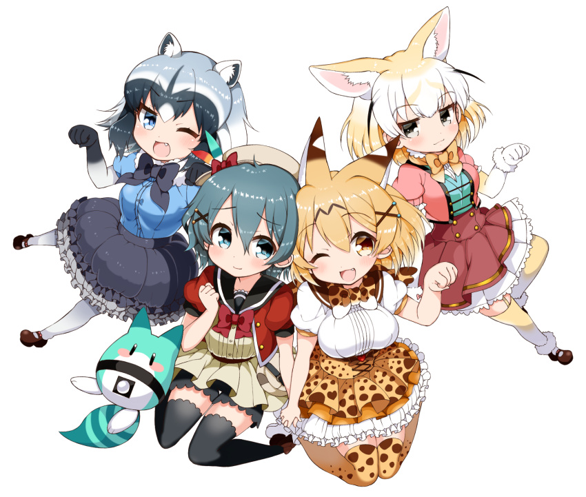 4girls ;o adapted_costume animal_ears black_bow black_hair black_legwear black_neckwear blonde_hair blush bow bowtie common_raccoon_(kemono_friends) elbow_gloves fang fennec_(kemono_friends) frilled_skirt frills gloves hand_holding hat_feather high-waist_skirt highres kaban_(kemono_friends) kanjitomiko kemono_friends lucky_beast_(kemono_friends) multiple_girls one_eye_closed open_mouth paw_pose print_bowtie print_legwear puffy_short_sleeves puffy_sleeves raccoon_ears serval_(kemono_friends) serval_ears serval_print serval_tail shirt short_hair short_sleeves skirt sleeveless sleeveless_shirt tail thigh-highs wince yellow_bow yellow_bowtie