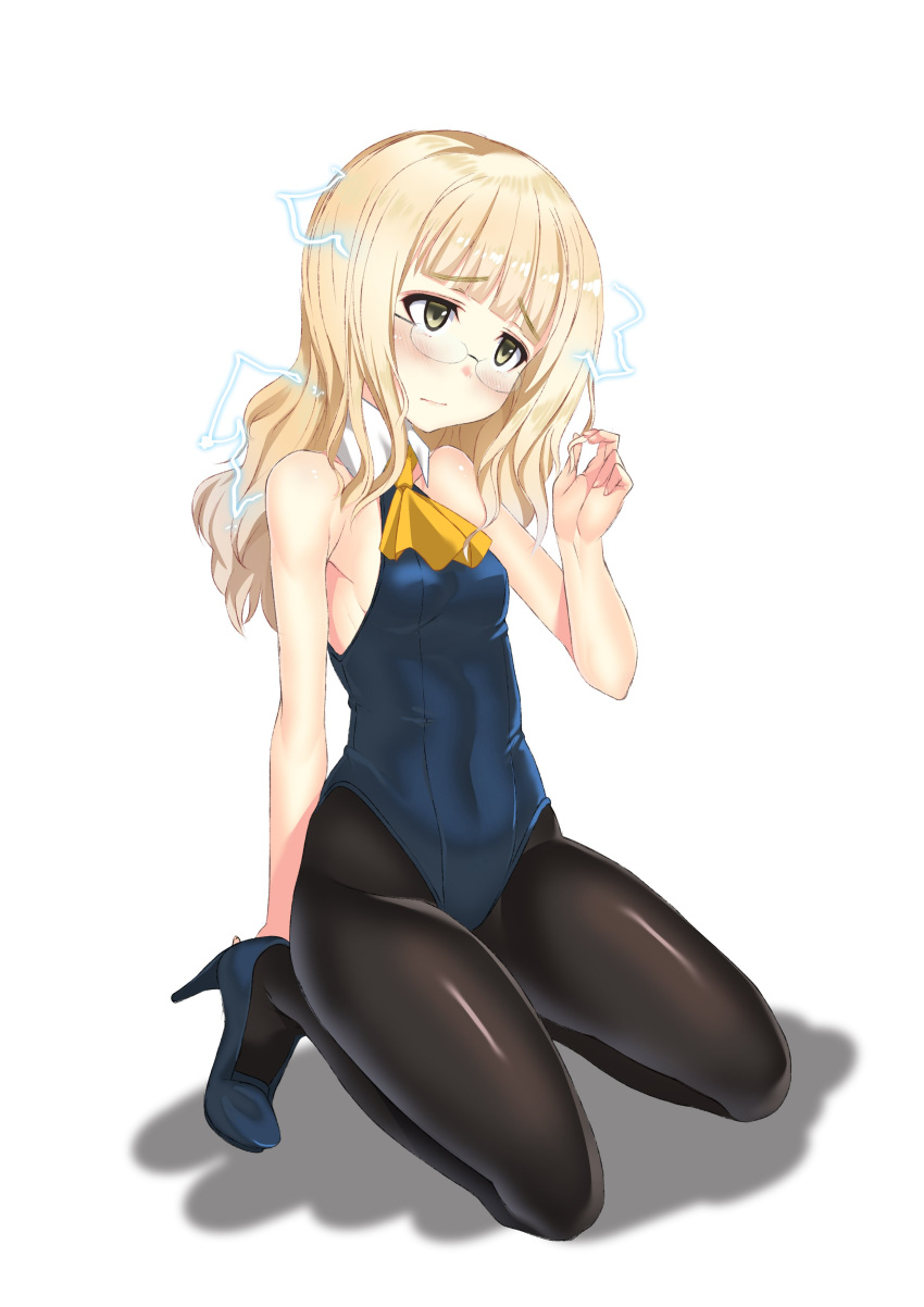 1girl a9b_(louis814) absurdres bare_shoulders black_legwear blonde_hair blush breasts cravat embarrassed eyebrows_visible_through_hair glasses high_heels highres kneeling pantyhose perrine_h_clostermann playing_with_own_hair sideboob small_breasts solo strike_witches white_background world_witches_series yellow_eyes