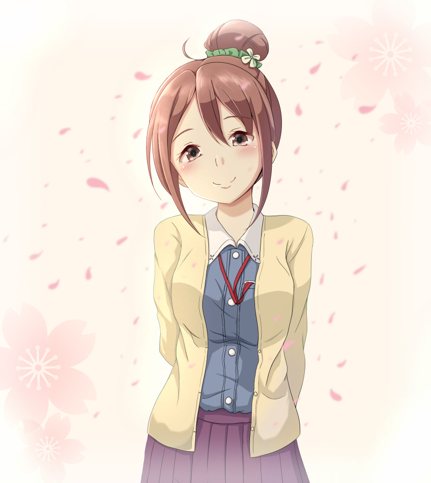 1girl absurdres ahoge arms_behind_back blue_shirt blush brown_eyes brown_hair cardigan cherry_blossoms closed_mouth eyebrows_visible_through_hair hair_between_eyes hair_bun head_tilt highres looking_at_viewer minakami_tansan open_cardigan open_clothes petals pink_background pleated_skirt purple_skirt sakura_quest shinomiya_shiori shirt skirt smile solo