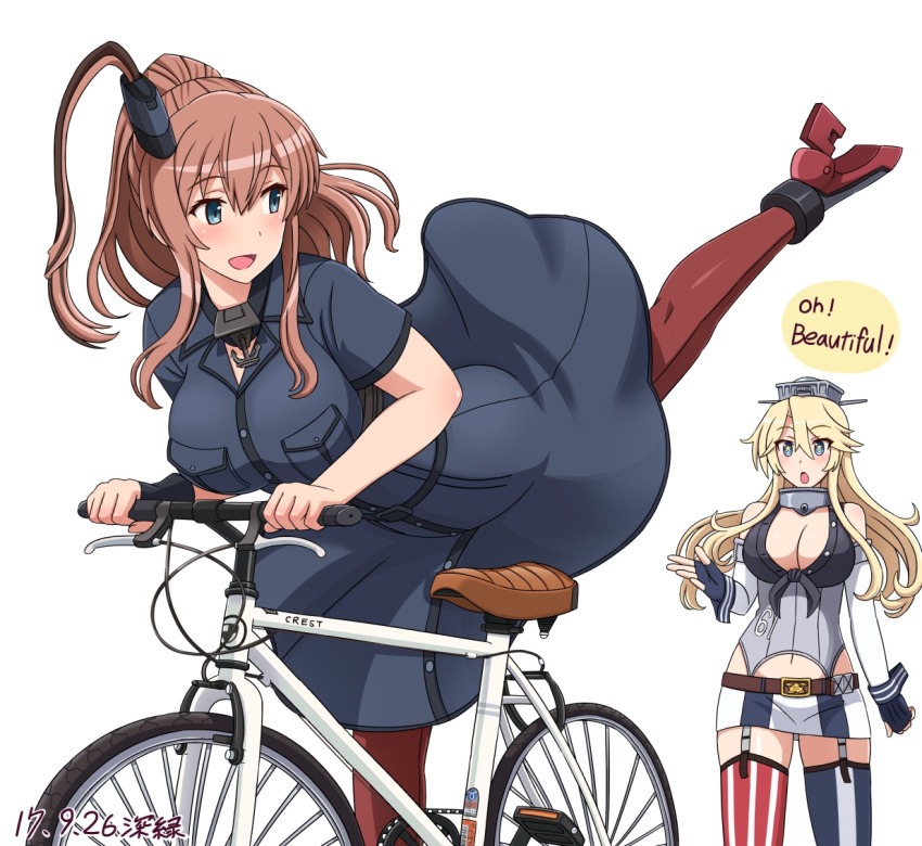 10s american_flag_legwear bicycle black_clothes blue_eyes breast_pocket breasts brown_hair dress english fingerless_gloves gloves ground_vehicle headgear iowa_(kantai_collection) kantai_collection large_breasts long_hair neckerchief open_mouth pocket ponytail saratoga_(kantai_collection) shin'en_(gyokuro_company) side_ponytail star star-shaped_pupils striped striped_legwear surprised symbol-shaped_pupils vertical-striped_legwear vertical_stripes