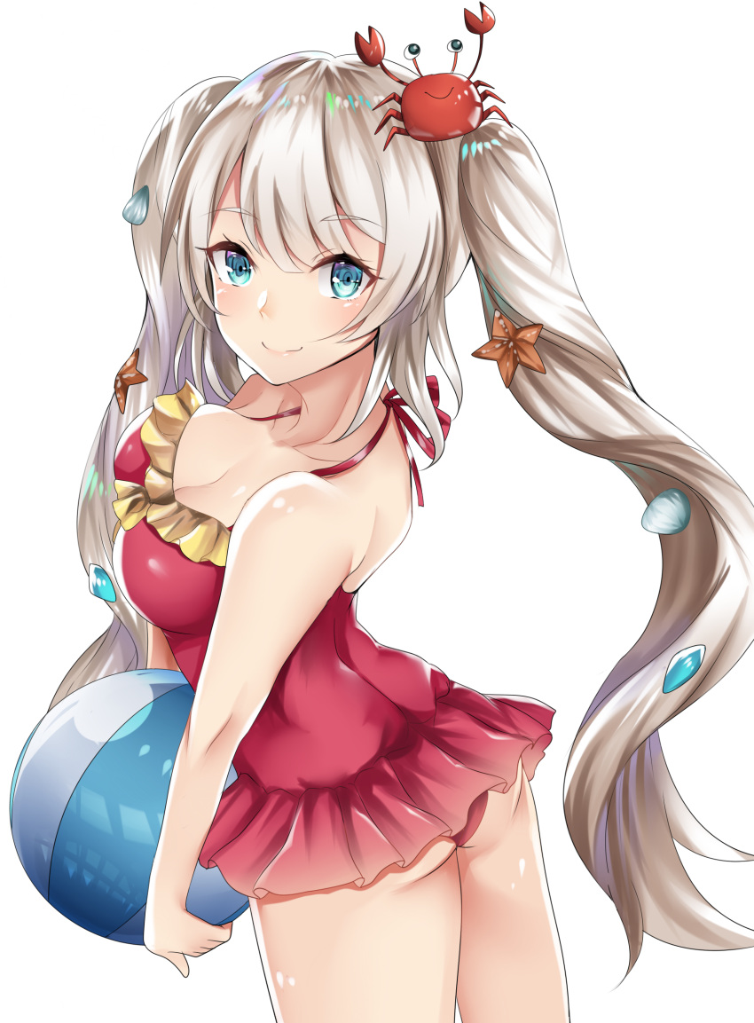 1girl absurdres ass ball beachball blue_eyes blush breasts cleavage crab fate/grand_order fate_(series) furumiya_neko highres long_hair marie_antoinette_(fate/grand_order) marie_antoinette_(swimsuit_caster)_(fate) medium_breasts silver_hair smile solo starfish swimsuit swimsuit_skirt twintails white_background