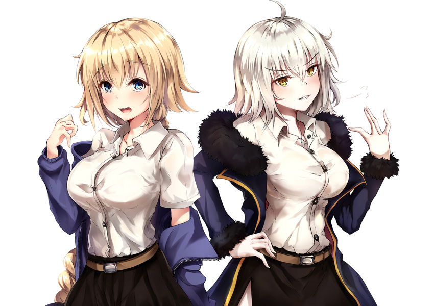 2girls ahoge belt blonde_hair blue_eyes blush braid breasts dress_shirt dual_persona fate/grand_order fate_(series) fur_trim hand_on_hip jacket jeanne_alter large_breasts long_hair multiple_girls nakatokung off_shoulder open_mouth ruler_(fate/apocrypha) shirt short_hair silver_hair single_braid skirt very_long_hair yellow_eyes