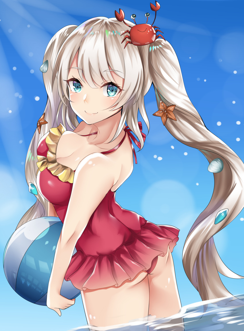 1girl absurdres ass ball beachball blue_eyes blue_sky blush breasts cleavage crab fate/grand_order fate_(series) furumiya_neko highres long_hair marie_antoinette_(fate/grand_order) marie_antoinette_(swimsuit_caster)_(fate) medium_breasts silver_hair sky smile solo starfish swimsuit swimsuit_skirt twintails wading water