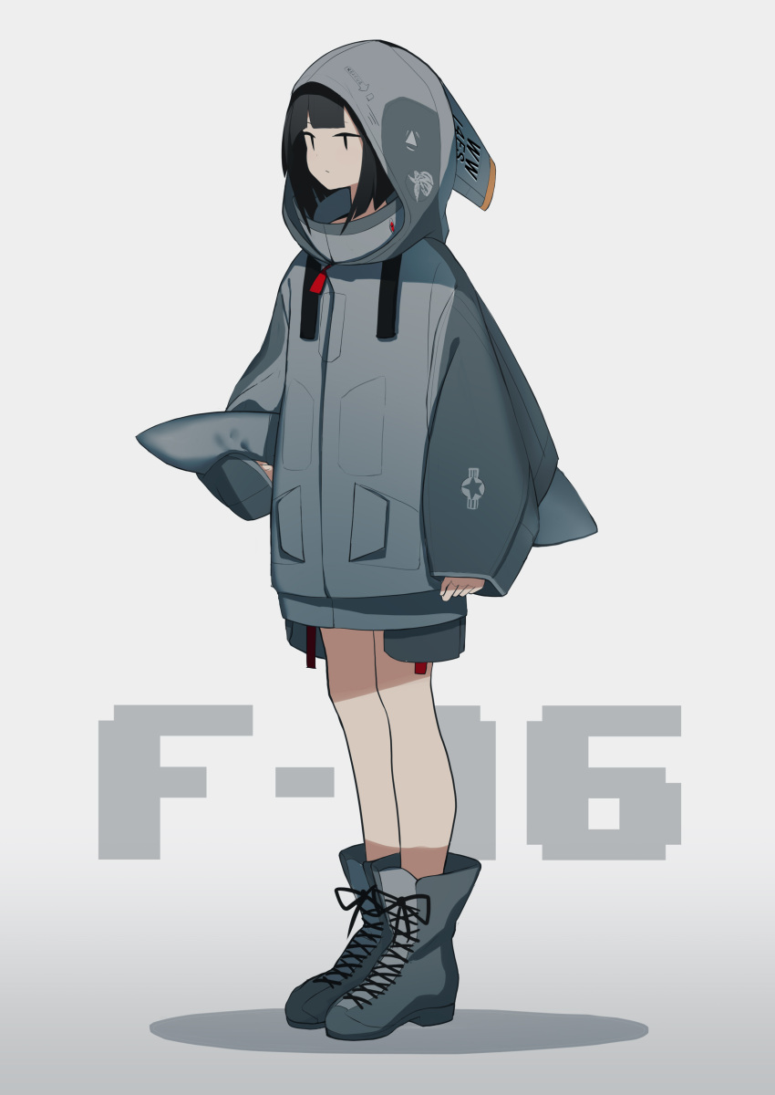 1girl absurdres bangs bare_legs black_eyes black_hair blunt_bangs boots closed_mouth clothes design dress expressionless f-16_fighting_falcon fami_(yellow_skies) full_body highres hood hood_up hoodie original sleeves_past_wrists solo sweater sweater_dress