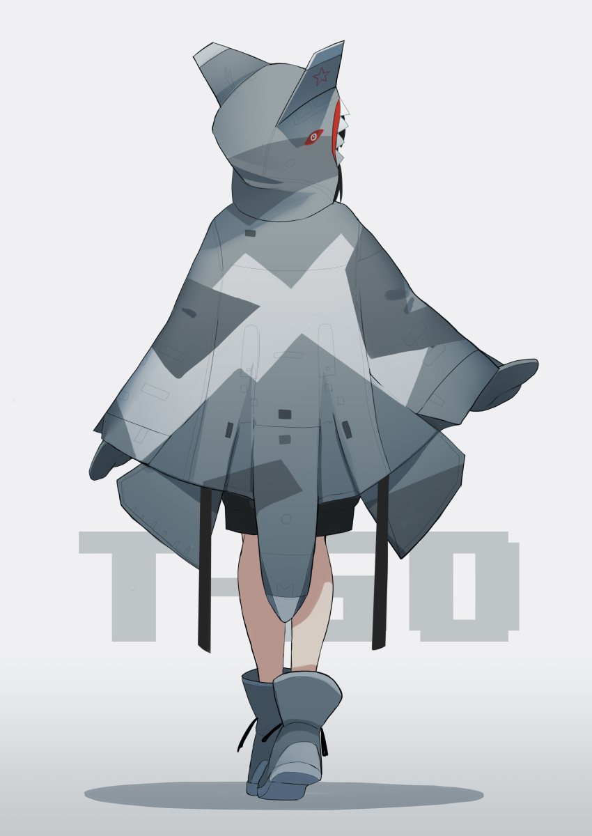 1girl absurdres back boots camouflage character_name cloak commentary_request fami_(yellow_skies) full_body gradient gradient_background highres hood hood_up hooded_cloak mittens original sharp_teeth solo standing su-57 teeth