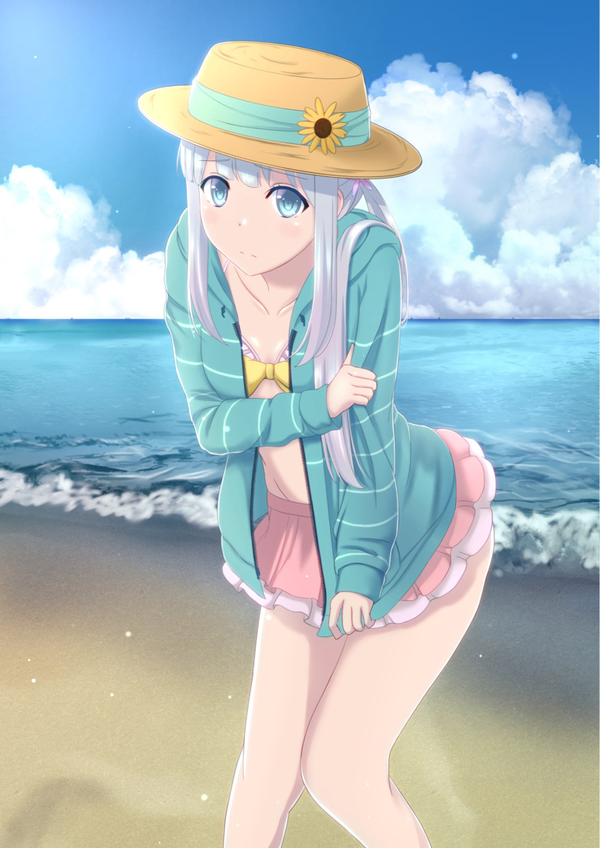 1girl aqua_jacket aqua_ribbon beach bikini bikini_skirt blue_eyes blue_sky blush breasts cleavage clouds collarbone day eromanga_sensei eyebrows_visible_through_hair flower groin hat hat_flower hat_ribbon highres izumi_sagiri jacket leaning_forward long_hair looking_at_viewer ocean open_clothes open_jacket outdoors pink_bikini ribbon shiny shiny_skin silver_hair sky small_breasts solo standing sun_hat swimsuit yellow_flower yellow_hat