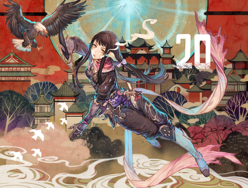 1girl architecture au_ra bangs bird black_hair black_pants black_shirt blunt_bangs boots commentary_request eagle east_asian_architecture final_fantasy final_fantasy_xiv gauntlets hair_ribbon highres holding_dagger jumping knee_boots long_hair looking_at_viewer pants parted_lips quad_tails reverse_grip ribbon rosette_(yankaixuan) sash scarf shirt solo steam tree tress_ribbon yellow_eyes yugiri_mistwalker
