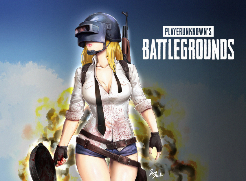 1girl belt blonde_hair blood bloody_clothes breasts cleavage collarbone copyright_name cowboy_shot dress_shirt fingerless_gloves frying_pan genderswap genderswap_(mtf) gloves helmet highres jazzjack large_breasts long_hair looking_to_the_side loose_necktie necktie pink_lips playerunknown's_battlegrounds shirt short_shorts shorts sleeves_rolled_up solo thigh_gap weapon