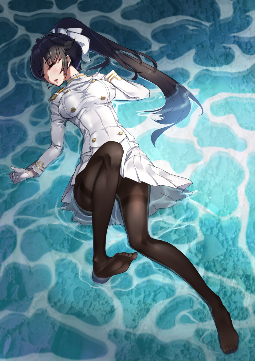 1girl absurdres azur_lane black_hair black_legwear bow breasts closed_eyes feet full_body gins gloves hair_bow highres long_hair lying medium_breasts military military_uniform no_shoes on_back open_mouth panties panties_under_pantyhose pantyhose pantyshot pantyshot_(lying) pleated_skirt ponytail skirt skirt_set solo takao_(bilan_hangxian) taut_clothes thighband_pantyhose toes unconscious underwear uniform very_long_hair water water_surface white_gloves