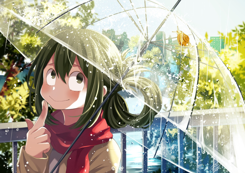 1girl animal animal_ears asui_tsuyu blush boku_no_hero_academia closed_mouth commentary_request day finger_to_cheek green_eyes green_hair hair_between_eyes hair_rings long_hair long_sleeves nanaminn no_pupils outdoors railing rain red_scarf scarf signature smile snail sparkle tareme transparent_umbrella umbrella upper_body water water_drop