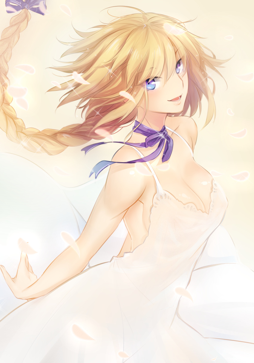 1girl backless_outfit bare_shoulders blonde_hair blue_eyes bow braid breasts choker cleavage dress fate/apocrypha fate_(series) hair_bow highres large_breasts long_hair looking_at_viewer low-tied_long_hair open-back_dress open_mouth petals ribbon ribbon_choker ruler_(fate/apocrypha) single_braid smile solo tusia white_dress