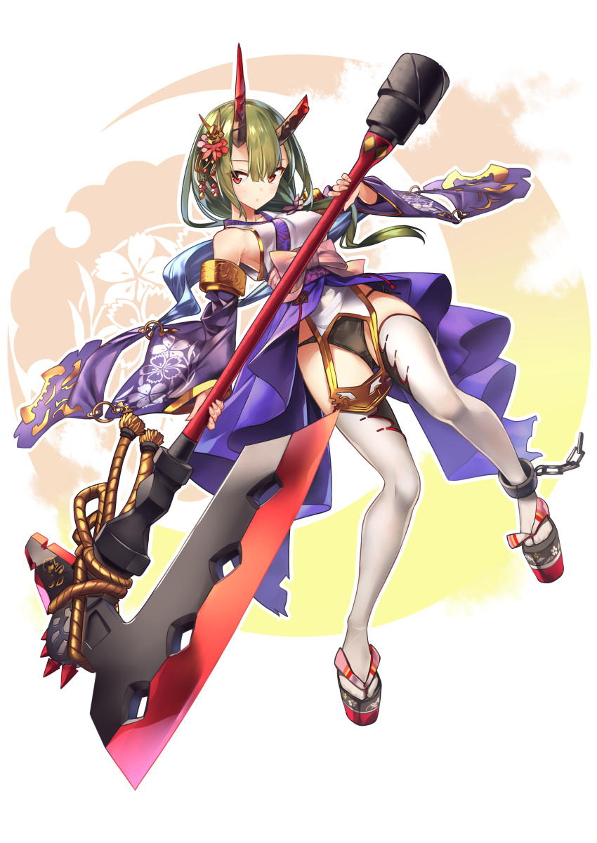 1girl absurdres axe baffu black_panties breasts broken_horn chains clogs closed_mouth cuffs detached_sleeves fingernails floral_print flower full_body green_hair hair_flower hair_ornament hair_over_shoulder highres horns huge_weapon japanese_clothes kimono long_hair low_ponytail medium_breasts obi original panties pelvic_curtain platform red_eyes sandals sash shackles sharp_fingernails simple_background sleeveless sleeveless_kimono solo thigh-highs underwear weapon white_legwear wide_sleeves